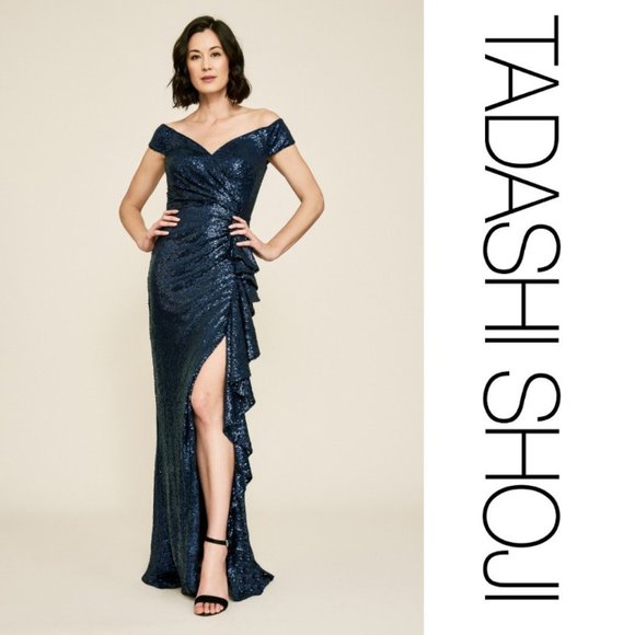 NWT TADASHI SHOJI SEQUIN OFF THE-SHOULDER GOWN NAVY PARTY FORMAL METALLIC   XS - Picture 3 of 14